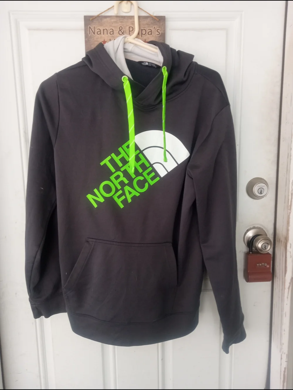 The North Face Charcoal Hoodie with Neon Green Logo and Drawstrings